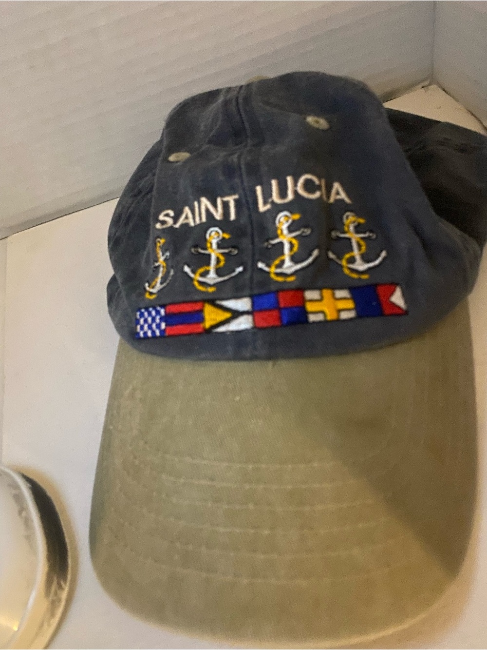 Saint Lucia Embroidered Anchor Cap in Navy and Olive
